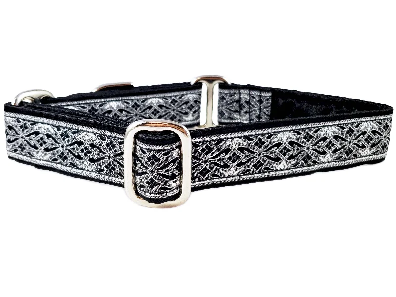 Clifden Jacquard in Black & Silver - Martingale Dog Collar or Buckle Dog Collar - 1" Width