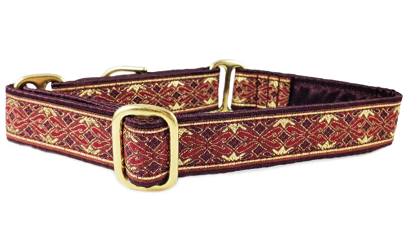 Clifden Jacquard in Burgundy & Gold - Martingale Dog Collar or Buckle Dog Collar - 1" Width