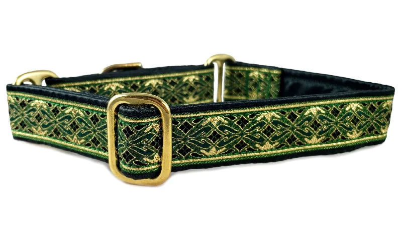 Clifden Jacquard in Green & Gold - Martingale Dog Collar or Buckle Dog Collar - 1" Width