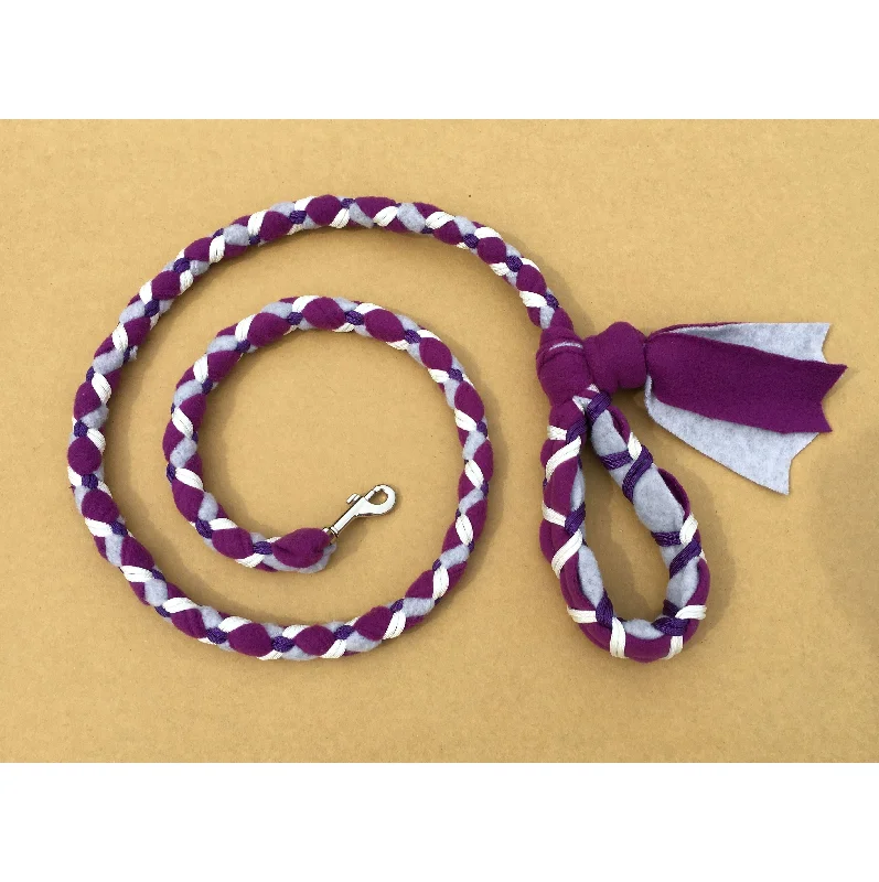 Hand Braided Dog Tug Leash with Clasp, Fleece and Paracord for Walking, Agility or Flyball Plum over Gray with White and Purple