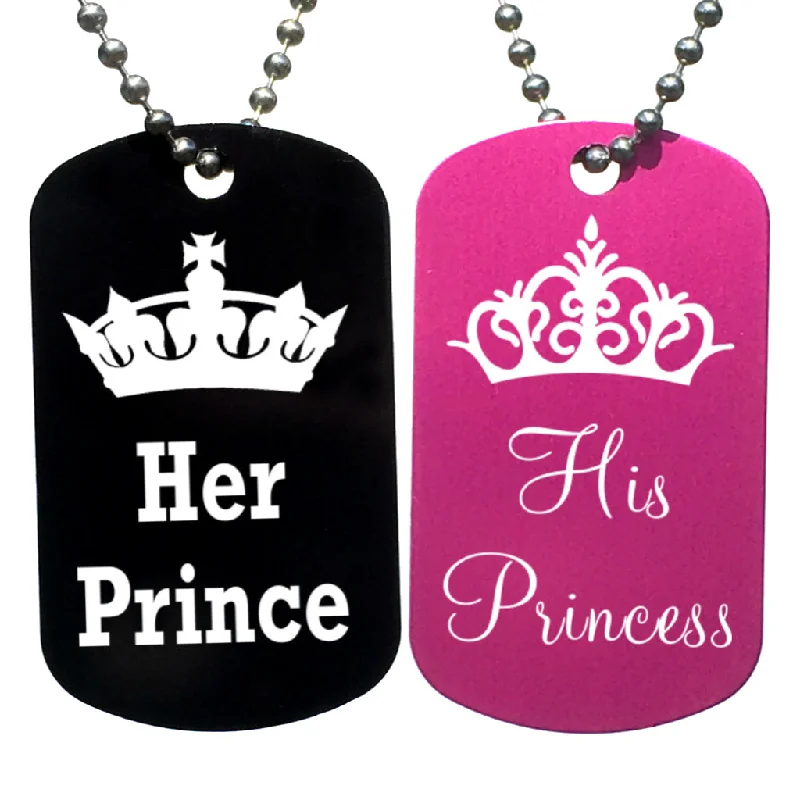 Her Prince & His Princess Dog Tag Necklaces (Pair)