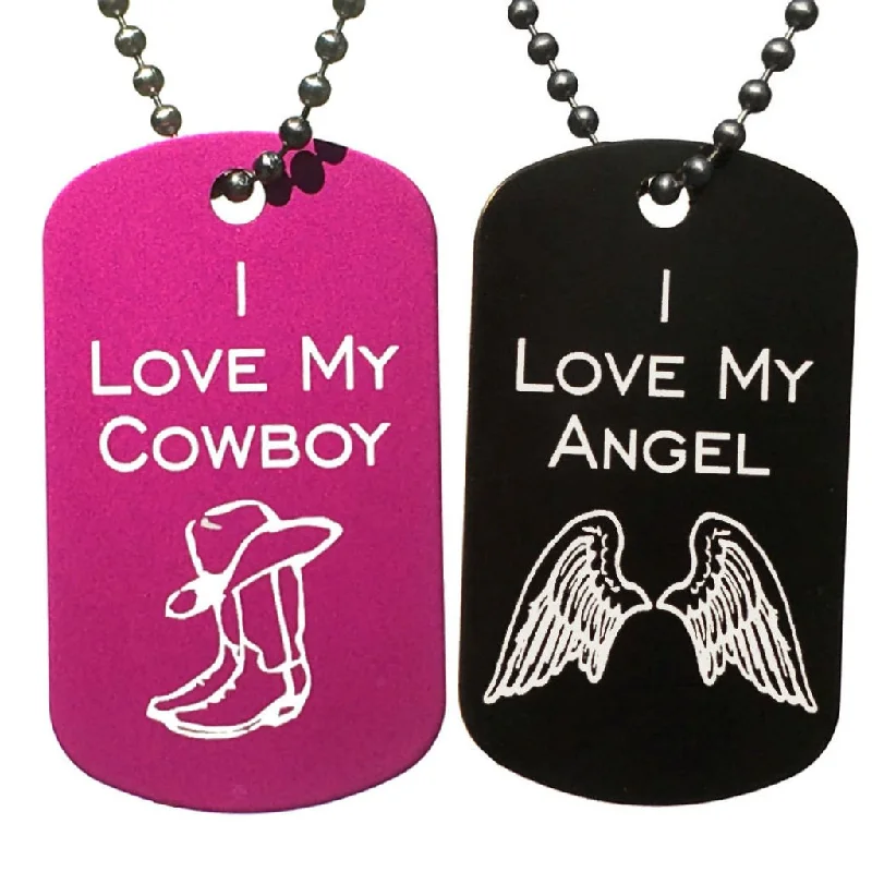 I Love My Angel & I Love My Cowboy Dog Tag Necklaces (Pair)