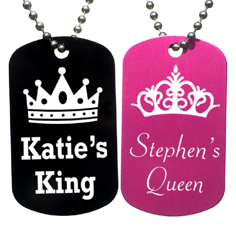 King & Queen Personalized with Your Names Dog Tag Necklaces (Pair)