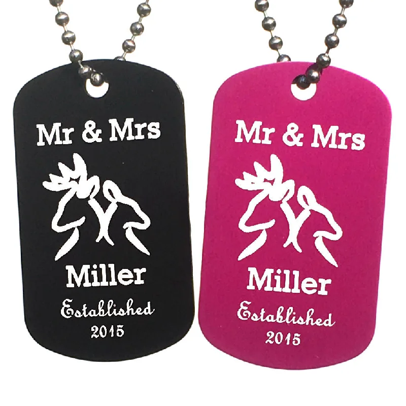 Mr & Mrs Buck and Doe Dog Tag Necklaces with Free Customization (Pair)