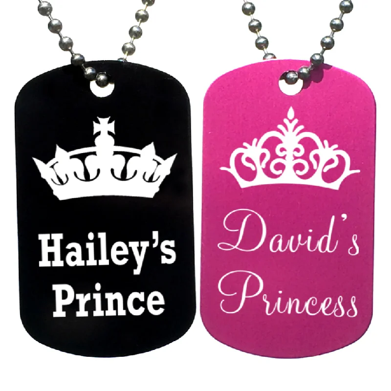 Prince & Princess Personalized with Your Names Dog Tag Necklaces (Pair)