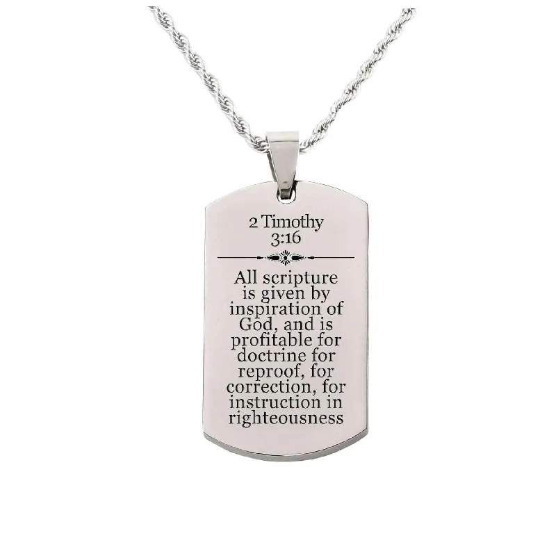 Solid Stainless Steel Scripture Tag Necklace, 5 Colors, 2 Timothy 3:16