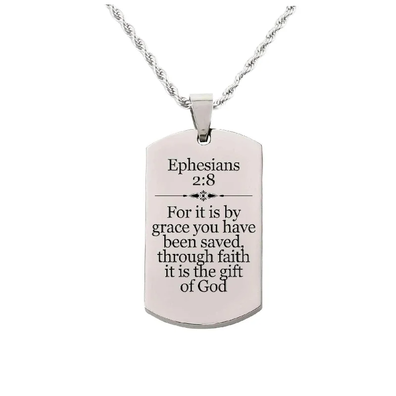 Solid Stainless Steel Scripture Tag Necklace, 5 Colors, Ephesians 2:8