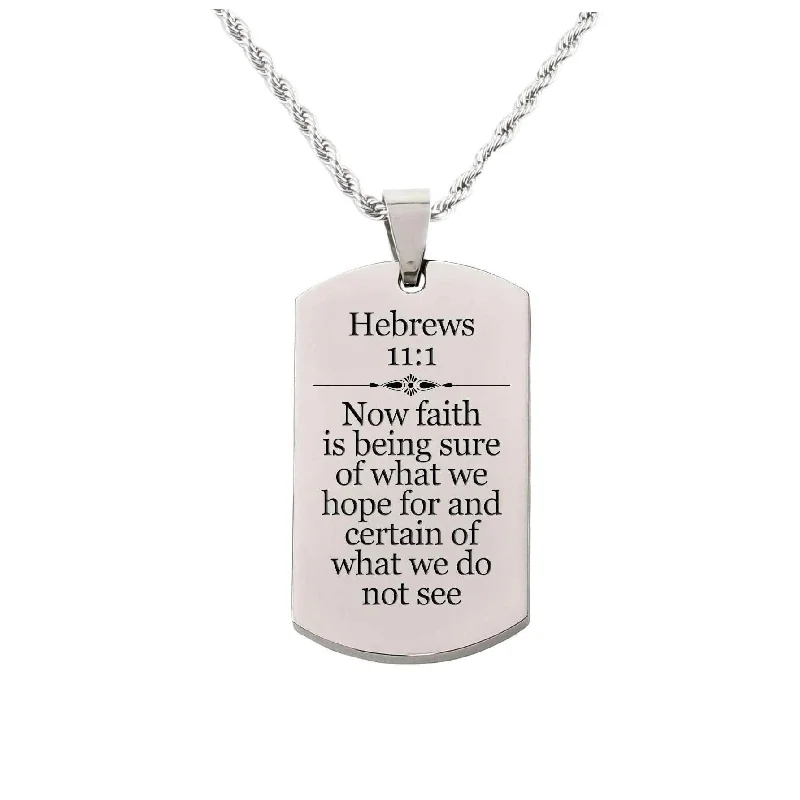 Solid Stainless Steel Scripture Tag Necklace, 5 Colors, Hebrews 11:1