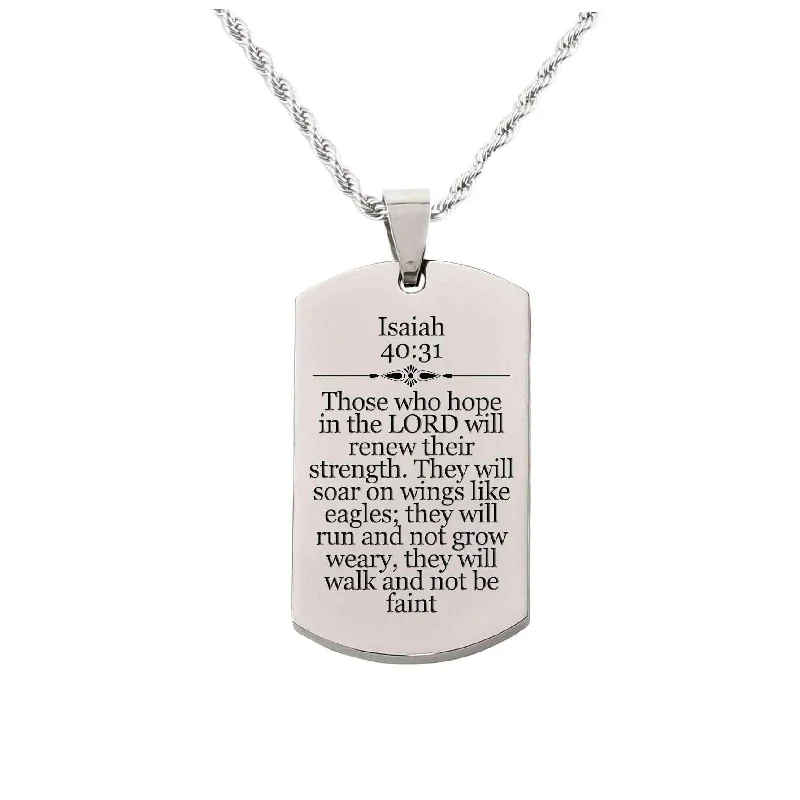 Solid Stainless Steel Scripture Tag Necklace, 5 Colors, Isaiah 40:31