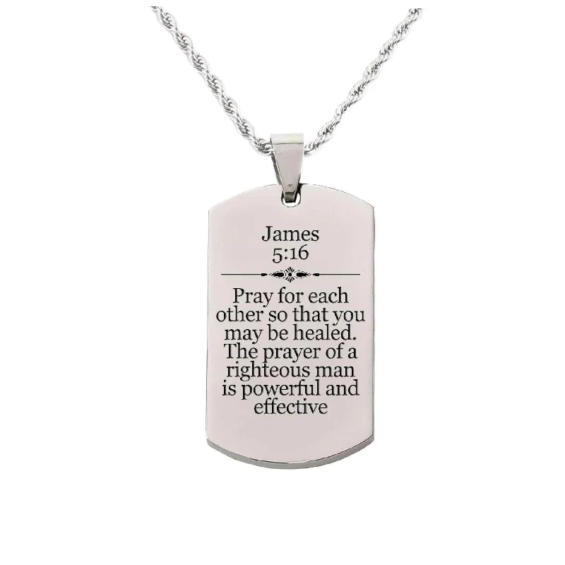 Solid Stainless Steel Scripture Tag Necklace, 5 Colors, James 5:16