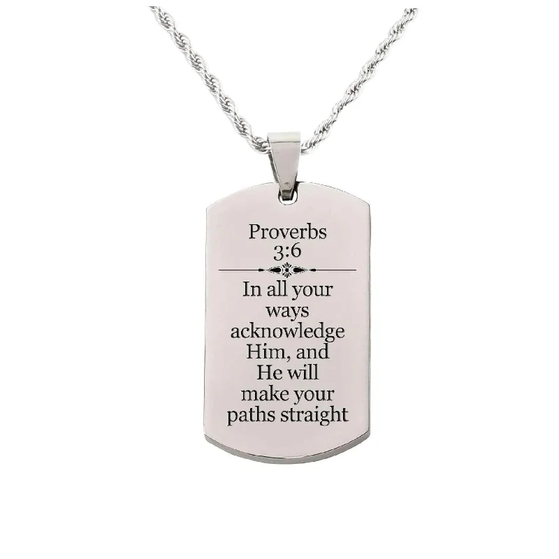 Solid Stainless Steel Scripture Tag Necklace, 5 Colors, Proverbs 3:6