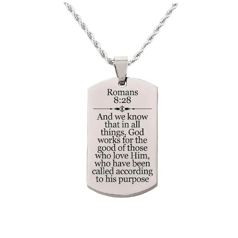 Solid Stainless Steel Scripture Tag Necklace, 5 Colors, Romans 8:28