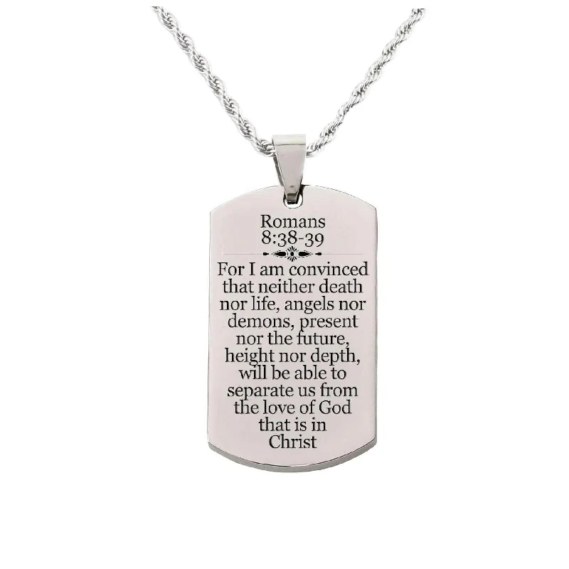 Solid Stainless Steel Scripture Tag Necklace, 5 Colors, Romans 8:38-39